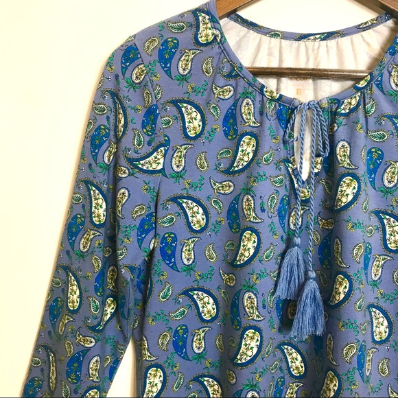 Belle by Kim Gravel TripleLuxe Knit Top Blue Paisley Tunic Keyhole Neck - Picture 11 of 12